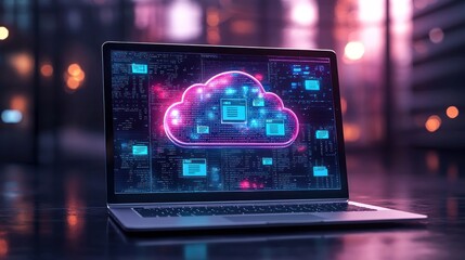 Neon cloud computing concept shown on a laptop screen. Digital data and network technology