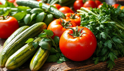 Fresh vegetables and greens on a rough wooden surface. Cucumbers and tomatoes