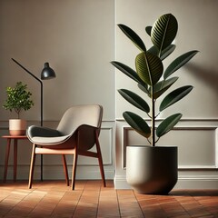 Modern Interior Design Stylish Chair Ficus Plant and Floor Lamp in Elegant Room
