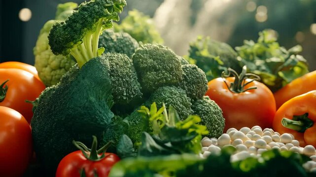 A variety of colorful vegetables including broccoli, peppers, garlic and beans, suggesting healthy eating.