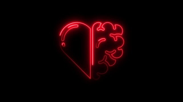 Glowing red heart and brain neon sign symbolizing emotion and intellect
