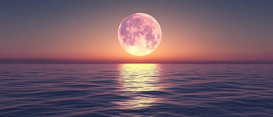 Enormous pink moon reflected on tranquil ocean