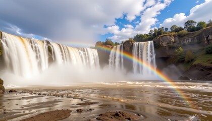 Fototapeta premium Majestic waterfall with a vibrant rainbow in a scenic landscape.
