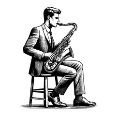 Naklejka premium Man in suit playing saxophone sketch engraving black and white outline. Scratch board imitation. illustrated in vintage line art style on a white background.
