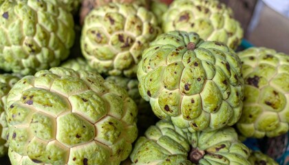 Fototapeta premium close-up view of many fresh, green sugar-apples clustered together.