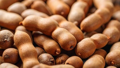 Obraz premium close-up of a collection of ripe, brown tamarind pods.