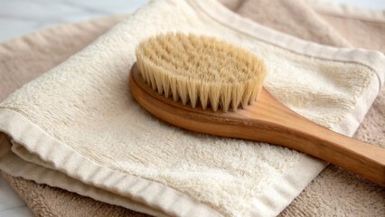 A wooden body brush rests on folded beige towels, suggesting a relaxing self-care or spa routine.