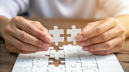 A person is assembling a white jigsaw puzzle, fitting two pieces together on a wooden table.
