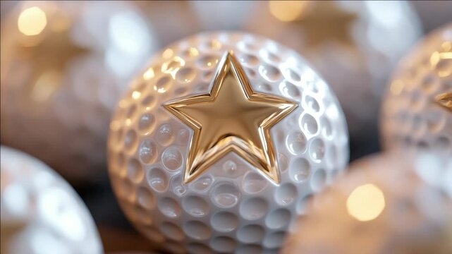 A white golf ball with a gold star on it. There are several other golf balls in the background