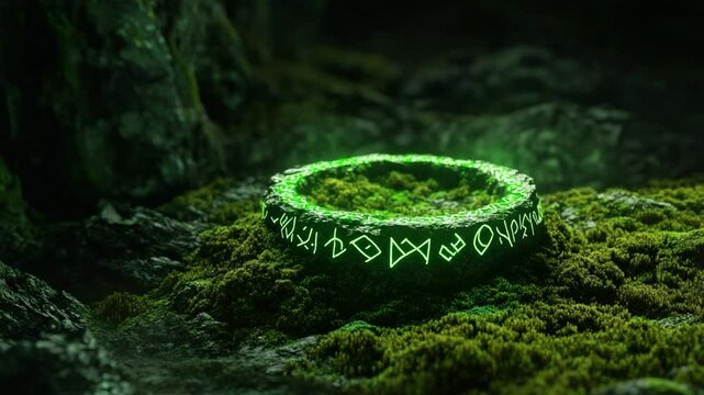 Glowing runes on mossy stone ring in dark cave. Fantasy game background