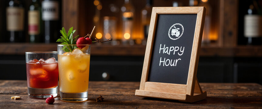 Rustic happy hour promotion on chalkboard beside cocktails, drink specials