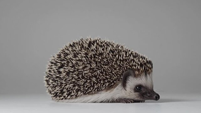 Petite hedgehog navigating white surface, highlighting delicate quills and measured movements while isolated against gray studio background