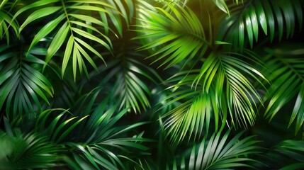 Vibrant green palm leaves form a dense, lush canopy, showcasing tropical foliage in sunlight.