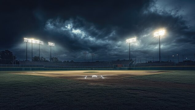 Empty baseball field at night, dramatic lighting