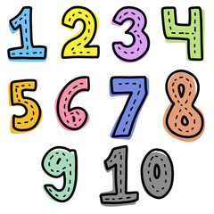 Cute set colorful street road striped Numbers 123 in pastel color doodle kids illustration wall art learn counting count birthday party age transparent clipart poster nursery vector