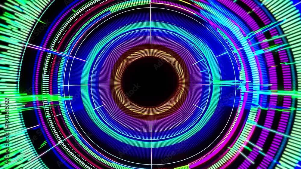 Poster futuristic glowing neon circular hud elements rotating with colorful light trails and digital glitch