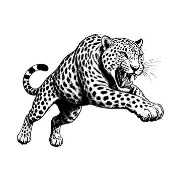 Cheetah jump engraving black and white outline. Scratch board imitation.  illustrated in vintage line art style on a white background.