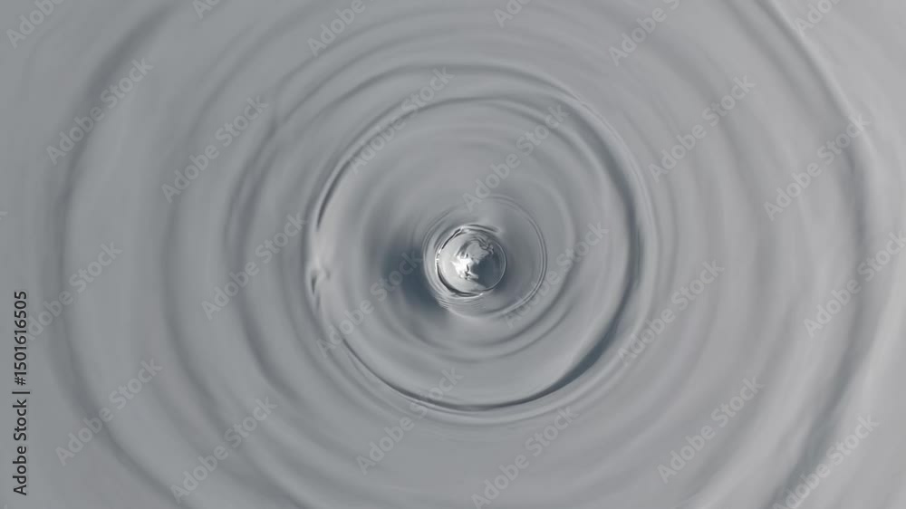 Poster liquid surface transforming with expanding circular ripples after water droplet impact, creating mes
