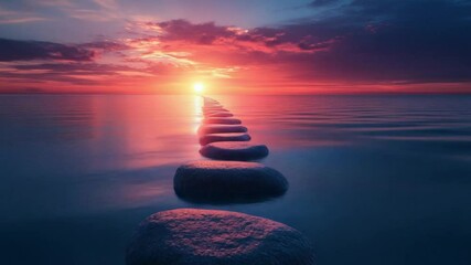 Ocean sunset path, stones, calm water, peaceful scene, meditation
