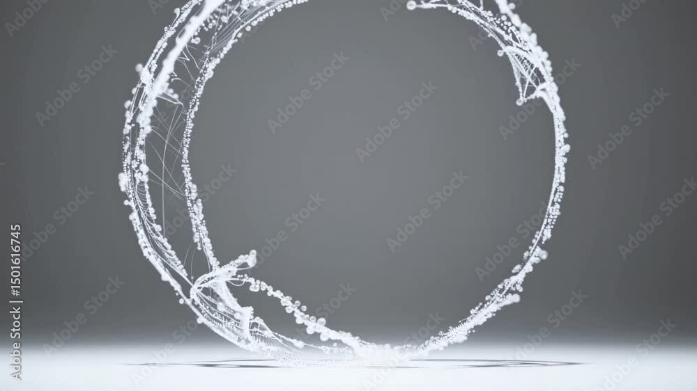 Poster complex system of white particles rotating and forming a circle, evolving over time on a gray backgr