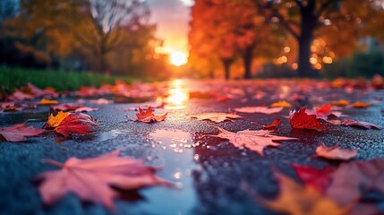 Autumn leaves cascade on a wet road under a golden sunset, serene beauty
