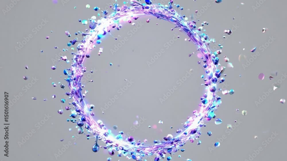 Poster iridescent particles forming luminous circular pattern, rotating with dynamic energy and creating se