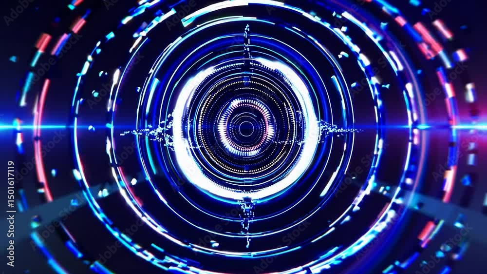 Poster glowing concentric circles rotate, pulsate, and emit light particles, creating a dynamic and futuris