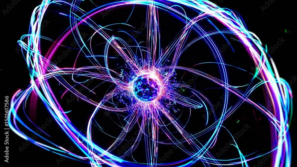 Poster vibrant atomic nucleus with electrons dynamically rotating around core, representing scientific prin