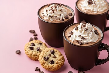 Three cups of hot chocolate with whipped cream and chocolate chips, plus cookies. Use for blog posts, social media, or ads about sweet treats and drinks.