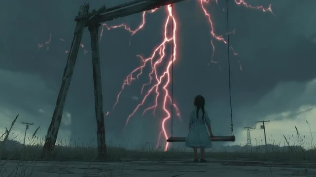 A small girl stands alone near a swing as red lightning strikes in a stormy grey night. Ominous and cinematic atmosphere. AI generative 4K video.