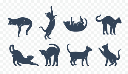 Cat Logo Vector Silhouettes Set. Pet Kitten Icon Illustrations Outline Abstract Isolated Cartoon Graphic Collection. Sleeping, Walking, Yoga Stretching and Sitting Calm Elegant Animals