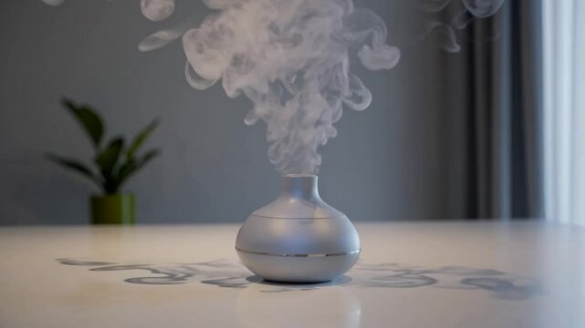 White smoke is coming out of a modern electric aroma diffuser placed on a white table in a bright room with a small green plant in the background