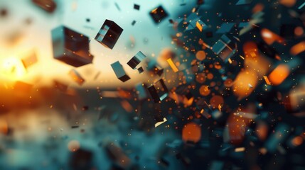 Naklejka premium Vibrant abstract artwork showcasing dynamically floating geometric shapes and glowing particles.