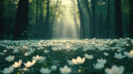 White Flowers in a Forest Sunlight Scene