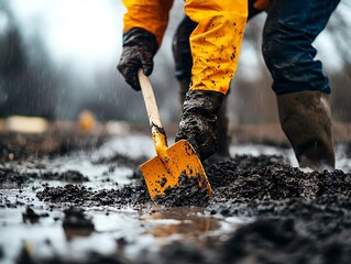 Worker in mud with shovel