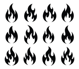 Collection of fire flame silhouette icon vector isolated on white background. Heat, burn, hot, bonfire, burning, warm, campfire, fireball, danger symbol