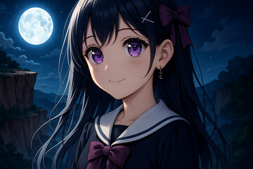 Beautiful anime girl with long black hair and purple eyes in a school uniform stands under a glowing full moon by a cliff, surrounded by a serene starry night and mystical mountains.
