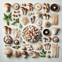 Assortment of Edible Mushrooms Gourmet Fungi Variety Culinary Ingredients Flat Lay