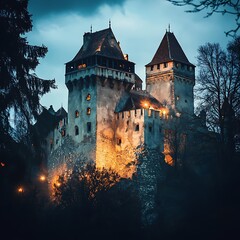 Fototapeta premium An ancient stone castle illuminated at twilight.