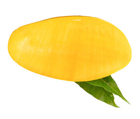 A half of ripe yellow mango fruit with green leaves isolated on white background with clipping path