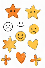 This minimalist doodle illustration features yellow-orange hand-drawn elements on a white background, including five stars, smiley faces, sad faces, heart shapes, and rounded flower shapes.