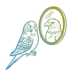 budgerigar parrot looking in the mirror and sees an eagle, self-esteem funny illustration, motivational sketch