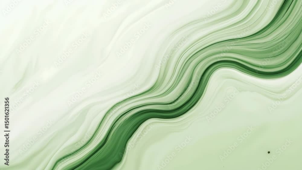 Poster dynamic green and white fluid design flowing smoothly, creating mesmerizing wave-like pattern with o