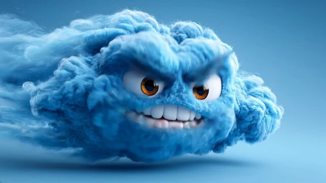 Angry blue fluffy cloud character with expressive face and big eyes on gradient blue background, perfect for animation, games, and children&rsquo;s content