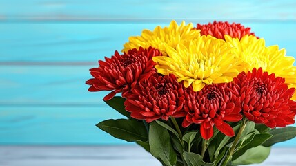 Red and Yellow Chrysanthemums on Blue Wood Background