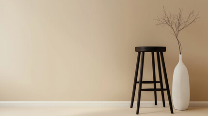 Studio shot of classic black tall wooden barstool with vase copy space background