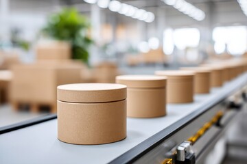 Round cardboard containers move along conveyor belt, cardboard packaging production line, factory.