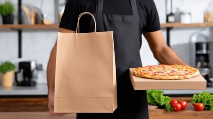 Delivery person ready to deliver a delicious pizza in a brown paper bag and pizza box at a restaurant
