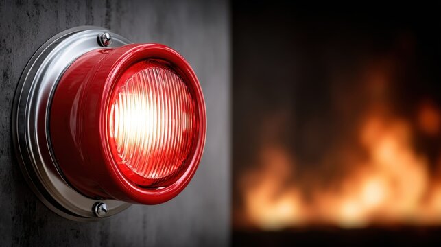 Red warning light glowing on concrete wall, orange flames in blurred background.