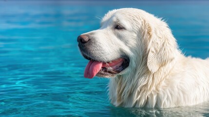 A white Golden Retriever swims in a bright blue pool, its head held high, tongue lolling out slightly, enjoying a refreshing dip on a sunny day.